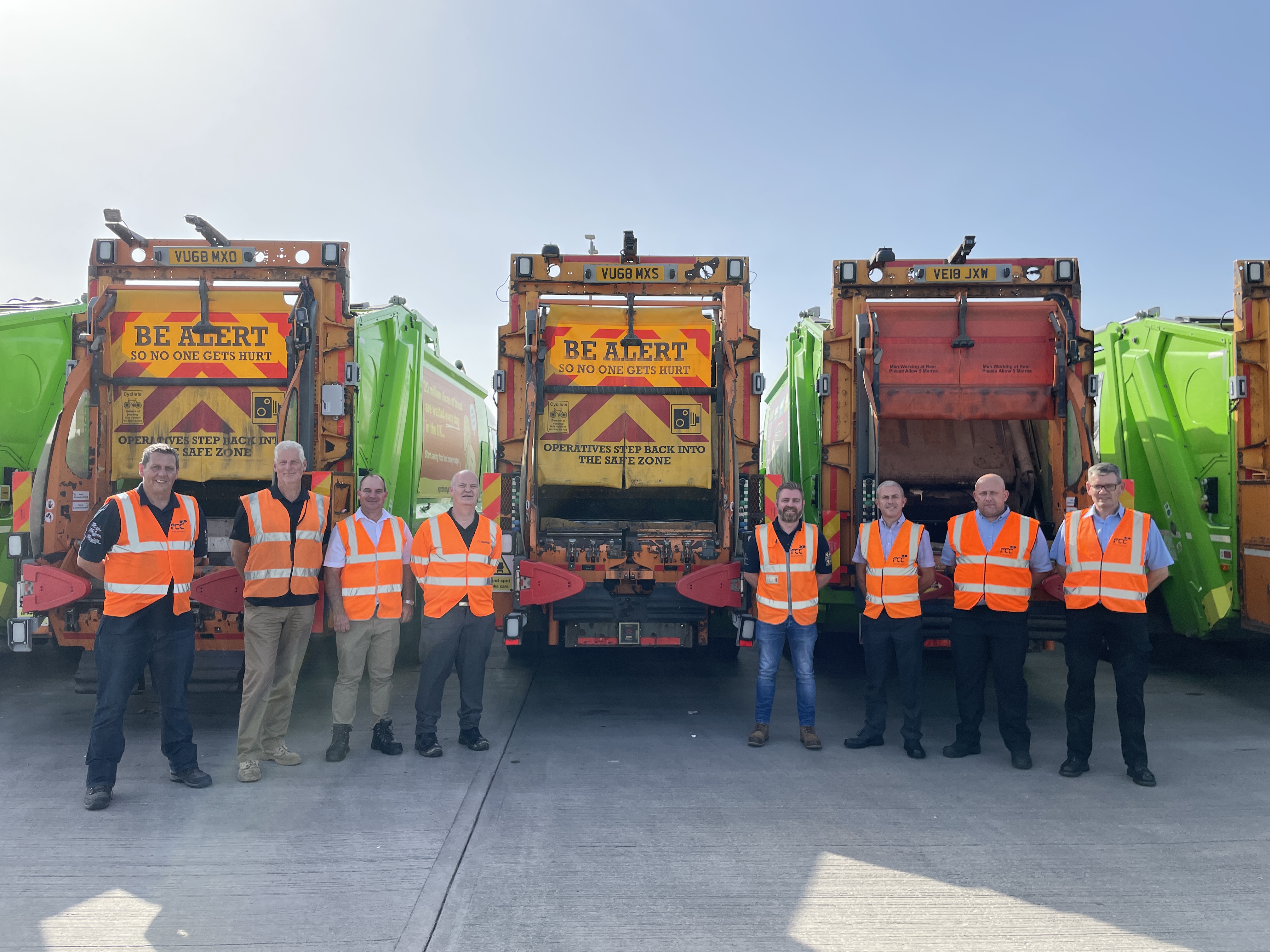 Representatives from SiteZone and FCC at the FCC Wychavon depot where the pilot programme of RCV Smart Loader has been running.